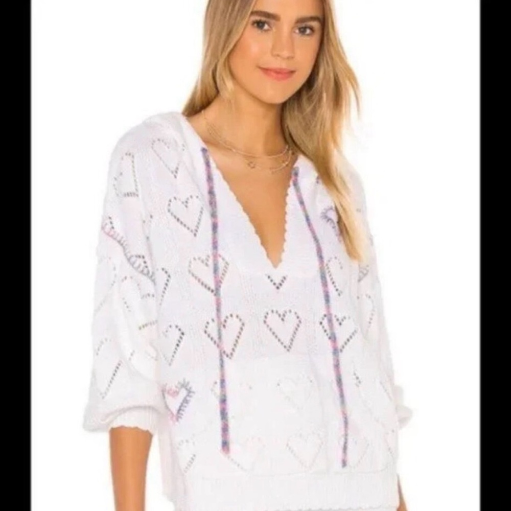 LoveShackFancy White Heart Pattern Knit V-Neck Hoodie with Contrast Ties XS